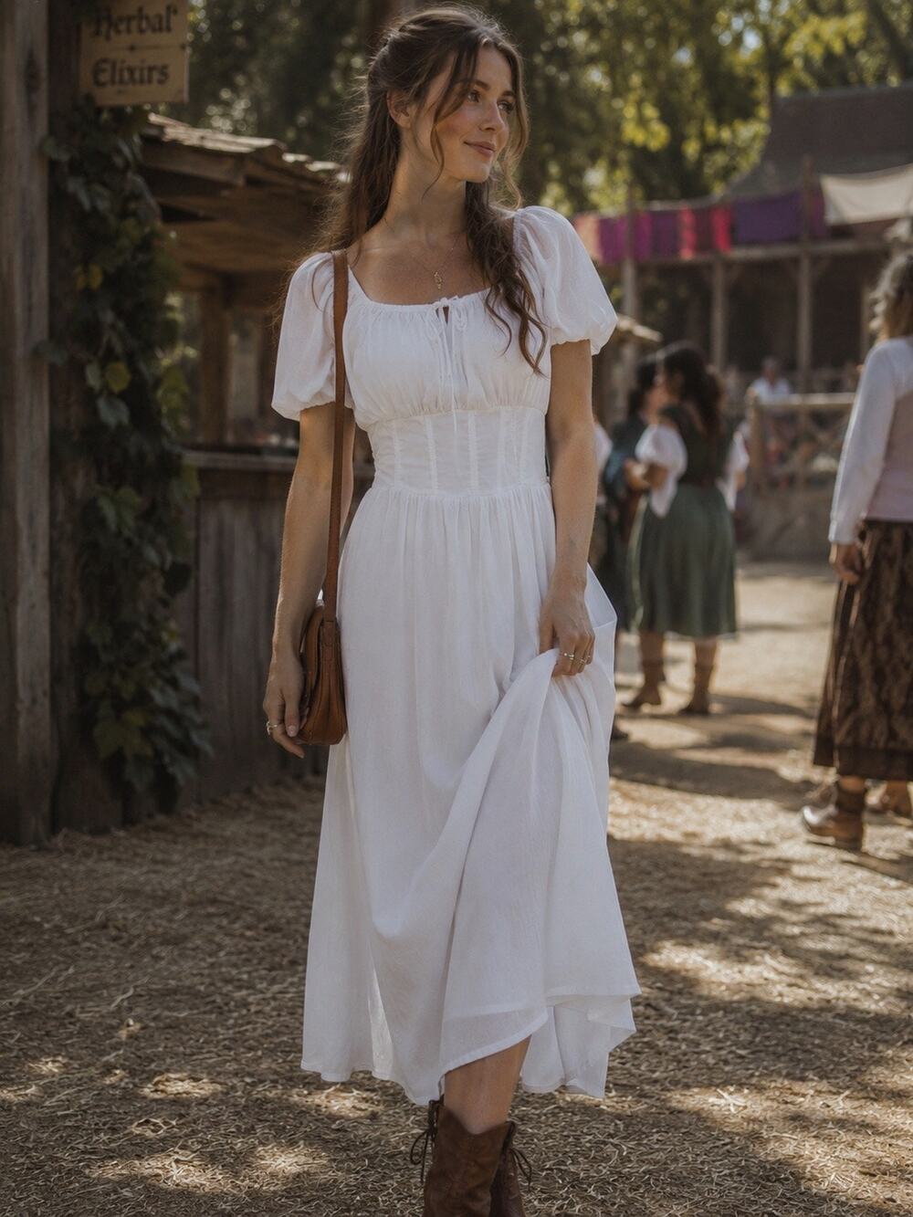 Scarlet Darkness White Puff Sleeve Corset Waist Milk Maid Midi Dress Size Large